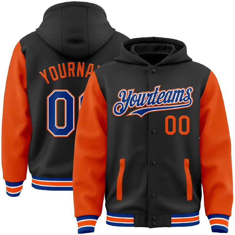 Modern Unisex Streetwear Outfits Trendy Pulse Custom Black Royal-Orange Bomber Full-Snap Varsity Letterman Two Tone Hoodie Jacket