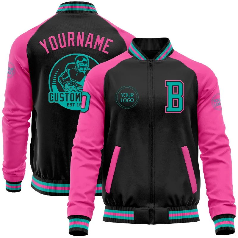 Gender-Neutral Clothing Styles Elegant Style Custom Black Aqua-Pink Bomber Varsity Letterman Two Tone Zipper Jacket