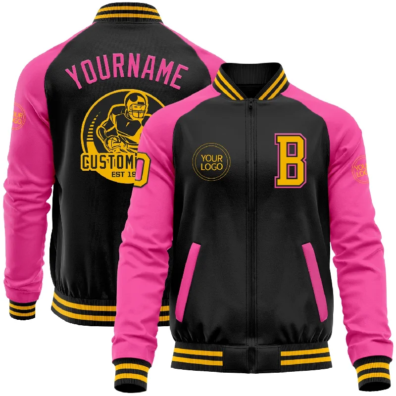 Trendy Unisex Streetwear Fashion Fashion Forward Custom Black Gold-Pink Bomber Varsity Letterman Two Tone Zipper Jacket