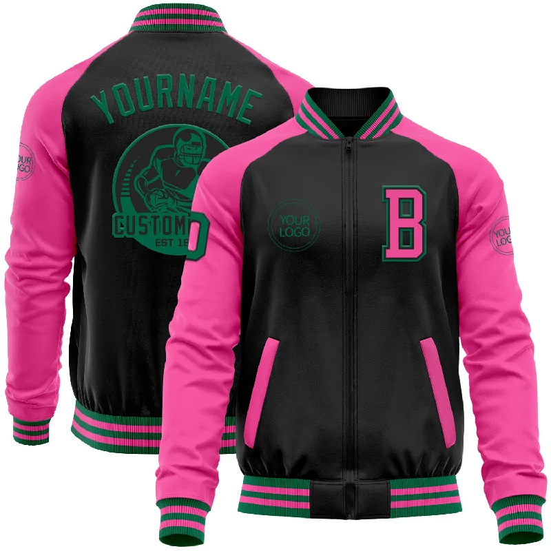 Effortless And Modern Unisex Dressing Exclusive Discount Custom Black Kelly Green-Pink Bomber Varsity Letterman Two Tone Zipper Jacket