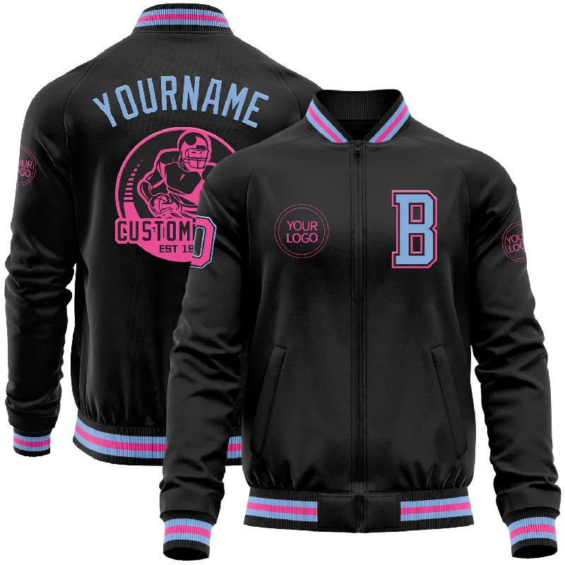 Classic Unisex Fashion Looks Style Redefined Custom Black Light Blue-Pink Bomber Varsity Letterman Zipper Jacket