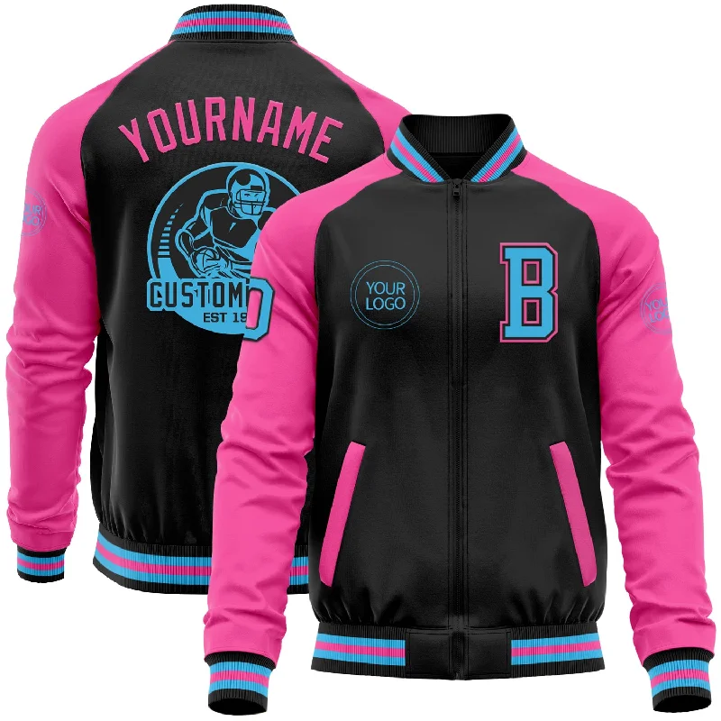 Sustainable Gender-Neutral Apparel Style Upgrade Custom Black Sky Blue-Pink Bomber Varsity Letterman Two Tone Zipper Jacket