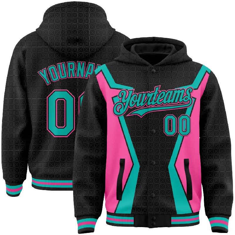 Functional And Stylish Unisex Wear Season Sale Custom Black Aqua-Pink Arrow 3D Pattern Design Bomber Full-Snap Varsity Letterman Hoodie Jacket