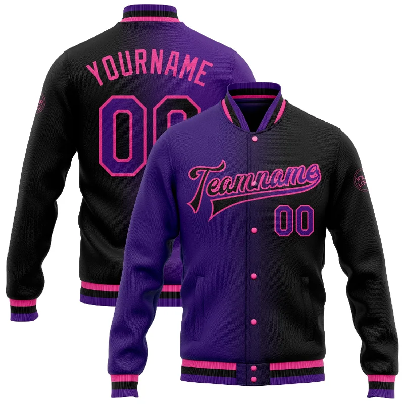 Sleek And Contemporary Gender-Free Outfits Casual Yet Chic Sales Custom Black Purple-Pink Bomber Full-Snap Varsity Letterman Gradient Fashion Jacket