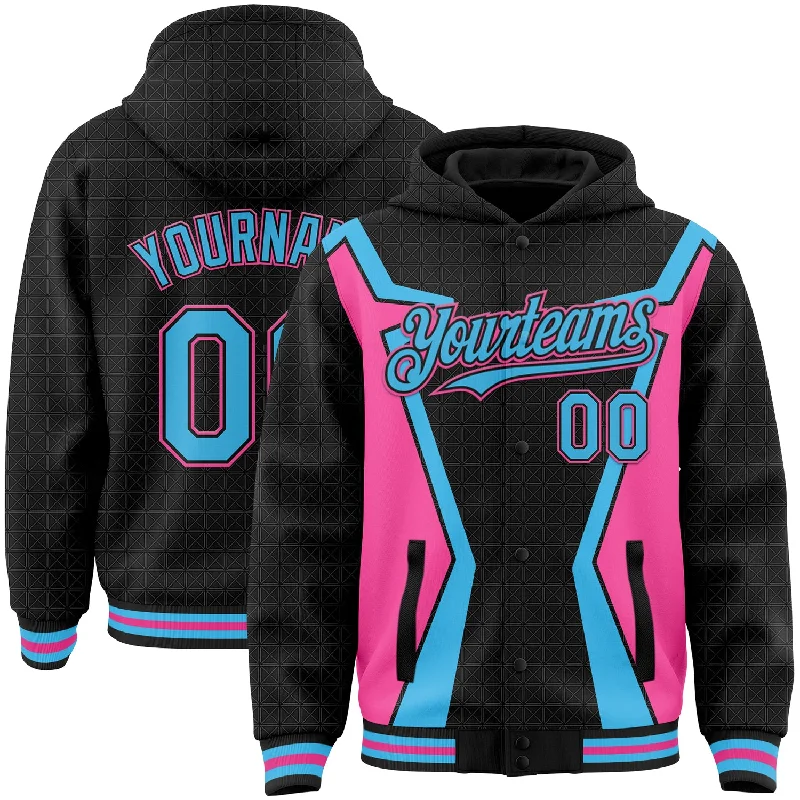 Classic And Timeless Unisex Style Fashionista Favorites Custom Black Sky Blue-Pink Arrow 3D Pattern Design Bomber Full-Snap Varsity Letterman Hoodie Jacket