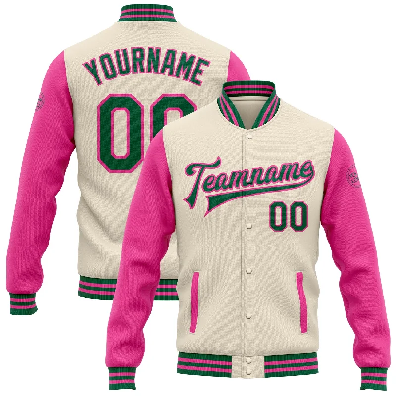 Urban Unisex Fashion Outfits Cool Prices Custom Cream Kelly Green-Pink Bomber Full-Snap Varsity Letterman Two Tone Jacket