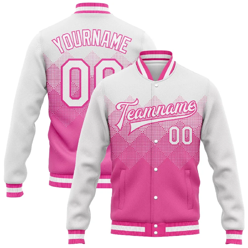 Modern Unisex Clothing For Any Occasion Must-Have Style Discounts Custom Pink White 3D Pattern Design Bomber Full-Snap Varsity Letterman Jacket