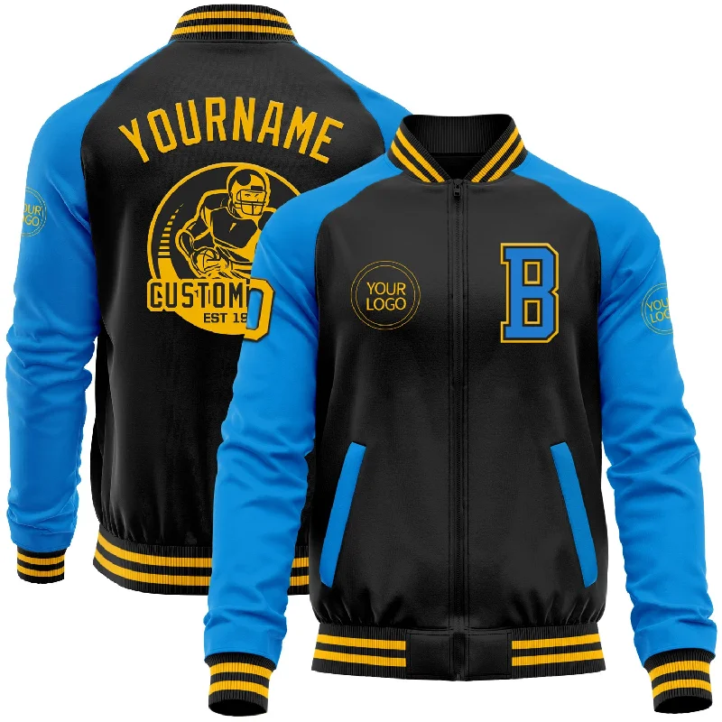 Unisex Casual Fashion Trends Bold Fashion Sales Custom Black Gold-Powder Blue Bomber Varsity Letterman Two Tone Zipper Jacket