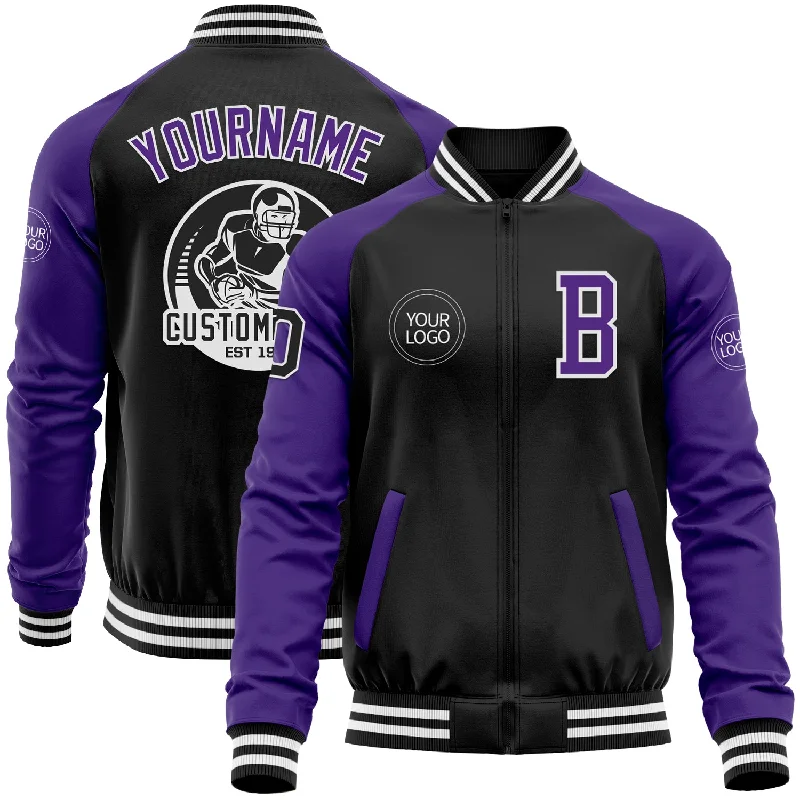 Gender-Neutral Fashion For Everyday Style Timeless Style Promotions Custom Black Purple-White Bomber Varsity Letterman Two Tone Zipper Jacket