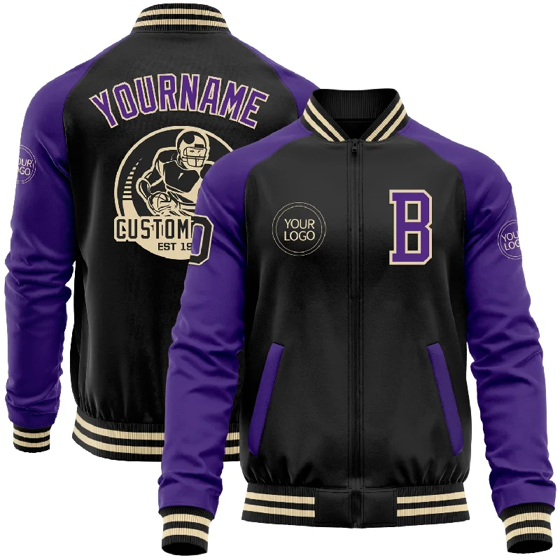 Fashion-Forward Unisex Apparel Chic Style Discounts Custom Black Purple-Cream Bomber Varsity Letterman Two Tone Zipper Jacket