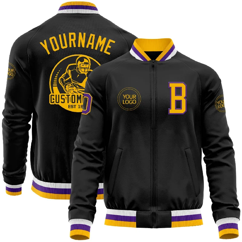 Trendy Unisex Streetwear Fashion Fashionista Sale Custom Black Gold-Purple Bomber Varsity Letterman Zipper Jacket