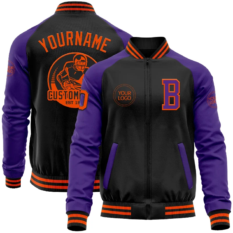 Classic Unisex Fashion Looks Premium Style Custom Black Orange-Purple Bomber Varsity Letterman Two Tone Zipper Jacket