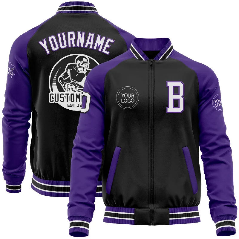 Comfortable Unisex Streetwear Save Big Custom Black White-Purple Bomber Varsity Letterman Two Tone Zipper Jacket