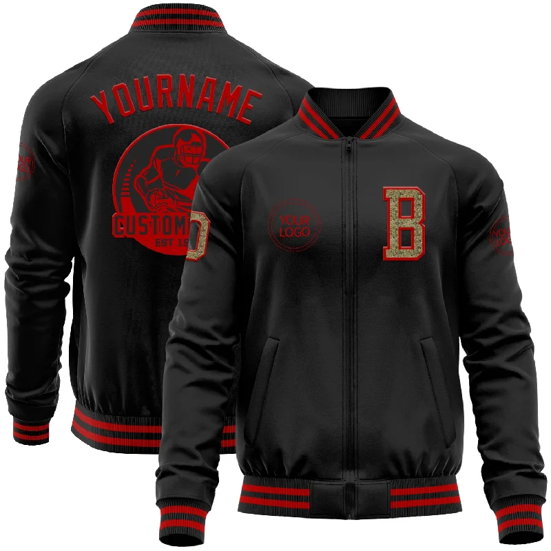 Unisex Everyday Fashion Essentials Sporty Fashion Offers Custom Black Camo-Red Bomber Varsity Letterman Zipper Jacket