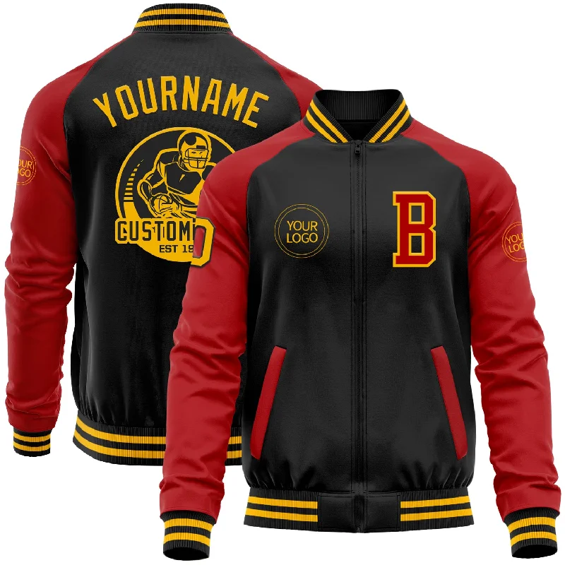 Unisex Everyday Fashion Essentials Timeless Elegance Redefined Custom Black Gold-Red Bomber Varsity Letterman Two Tone Zipper Jacket