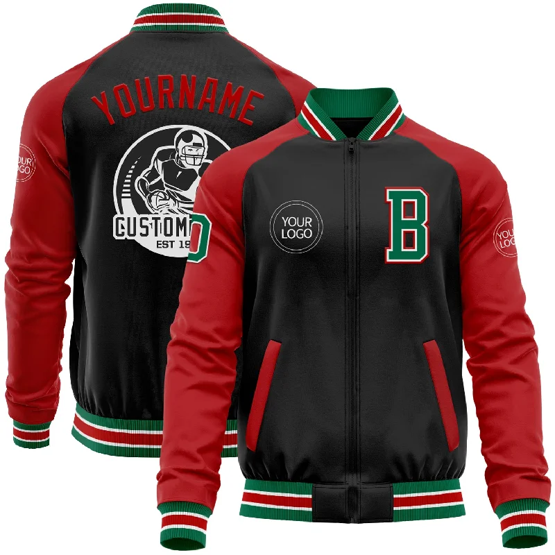 Sustainable And Ethical Unisex Clothing Unleash Your Trendy Side Custom Black Kelly Green-Red Bomber Varsity Letterman Two Tone Zipper Jacket