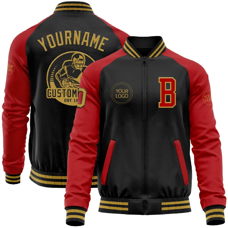 Relaxed-Fit Unisex Fashion For All-Day Comfort Chic Trends Unveiled Custom Black Old Gold-Red Bomber Varsity Letterman Two Tone Zipper Jacket