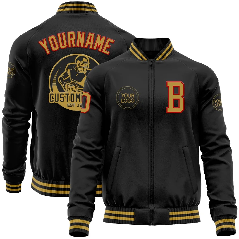 Effortless And Modern Unisex Dressing Latest Fashion Custom Black Old Gold-Red Bomber Varsity Letterman Zipper Jacket