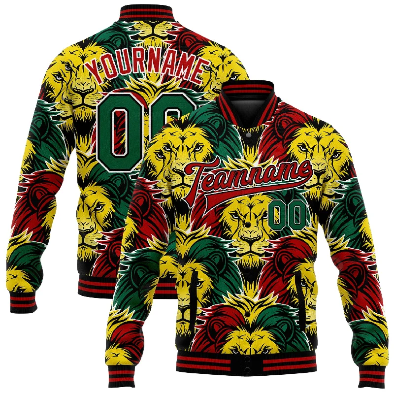 Chic And Contemporary Unisex Clothing Choices Chic Trend Collection Custom Black Kelly Green Red-Gold Black History Month Lion 3D Pattern Design Bomber Full-Snap Varsity Letterman Jacket