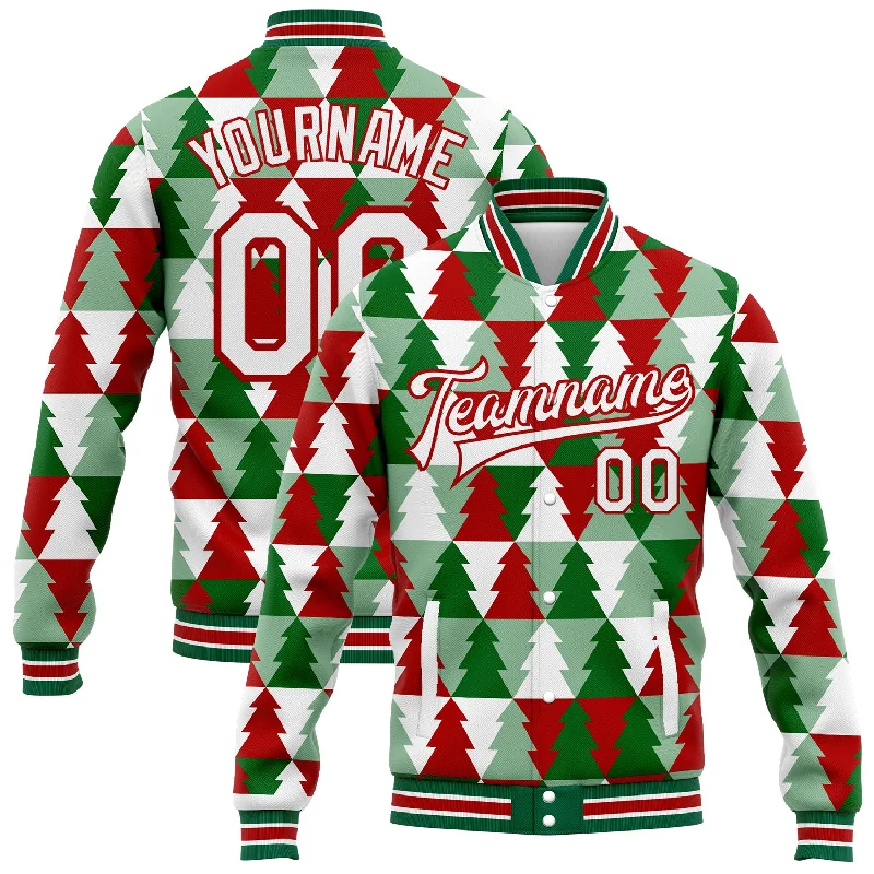 Effortless And Modern Unisex Dressing Stupidly Low Prices Custom Kelly Green White-Red Christmas Tree 3D Bomber Full-Snap Varsity Letterman Jacket