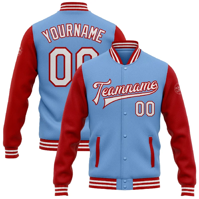 Effortless And Modern Unisex Dressing Unleash Your Trendy Side Custom Light Blue White-Red Bomber Full-Snap Varsity Letterman Two Tone Jacket