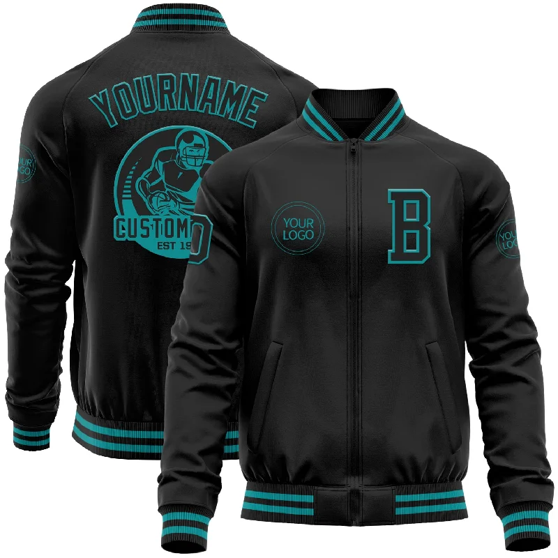 Casual And Trendy Unisex Fashion Staples Chic Styles Custom Black Teal Bomber Varsity Letterman Zipper Jacket