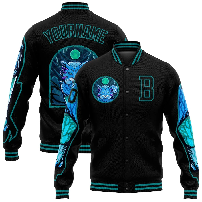 Gender-Neutral Trendy Clothing Styles Athleisure Style Sale Custom Black Teal Leopard 3D Pattern Design Bomber Full-Snap Varsity Letterman Jacket