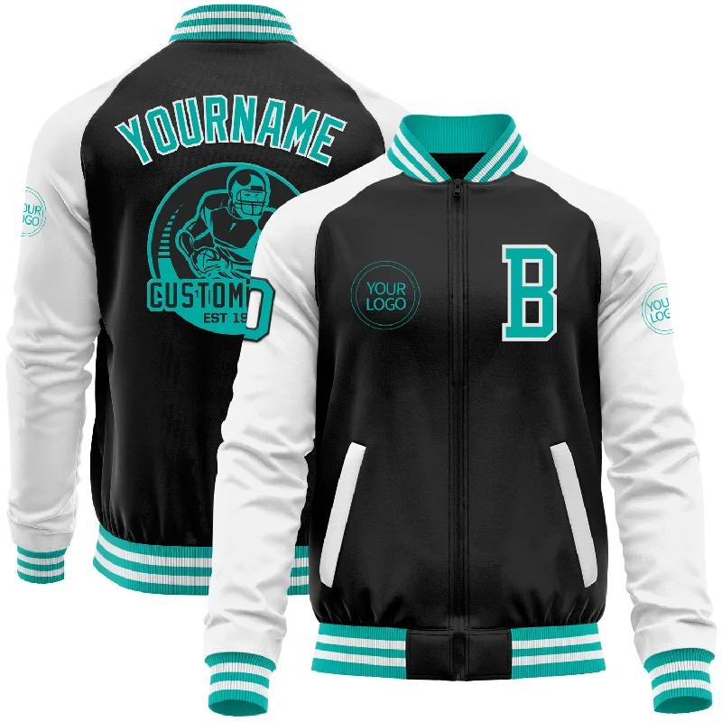 Chic And Casual Unisex Fashion Trends Sophisticated Style Offers Custom Black Aqua-White Bomber Varsity Letterman Two Tone Zipper Jacket