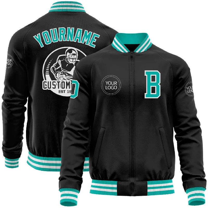 Relaxed-Fit Unisex Clothing Options Special Offers, Don't Miss Custom Black Aqua-White Bomber Varsity Letterman Zipper Jacket