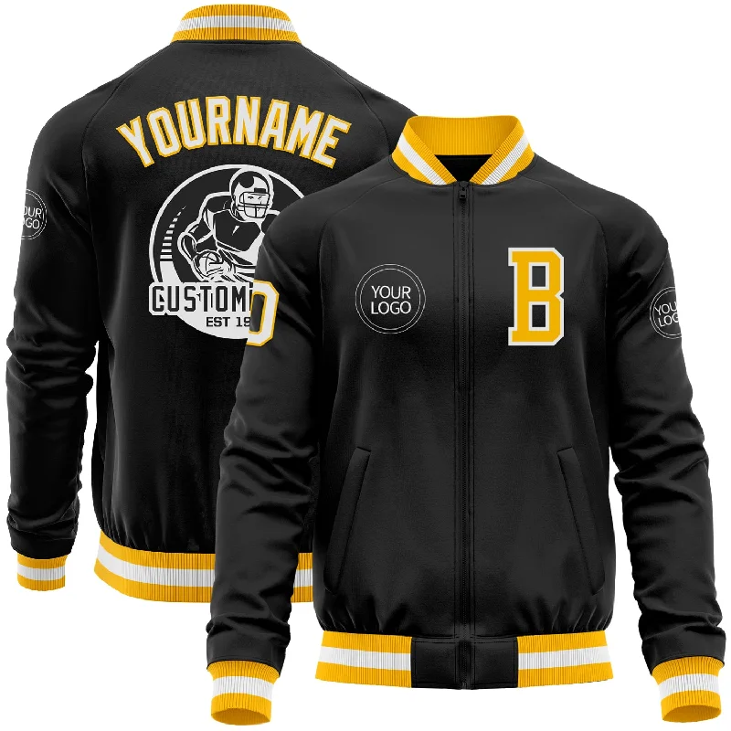 Fashion-Forward Unisex Apparel Seize Bargains Custom Black Gold-White Bomber Varsity Letterman Zipper Jacket