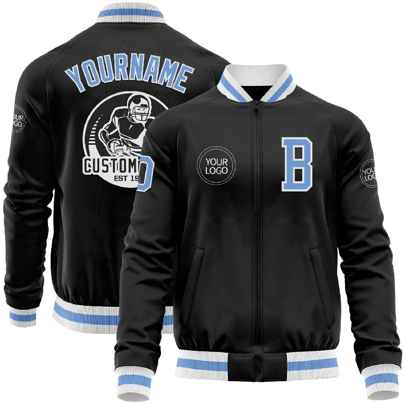 Classic And Timeless Gender-Neutral Fashion Classic Chic Deals Custom Black Light Blue-White Bomber Varsity Letterman Zipper Jacket