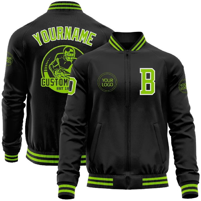 Contemporary Gender-Free Clothing Styles Trend Leading Collection Custom Black Neon Green-White Bomber Varsity Letterman Zipper Jacket