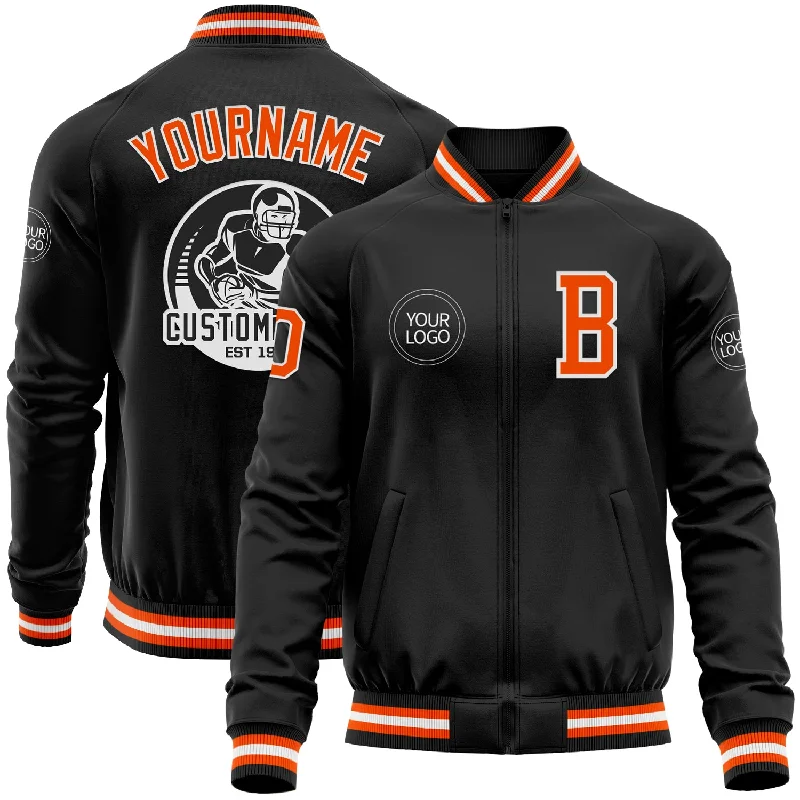 High-Quality Unisex Basics For All Occasions Fashion Frontiers Custom Black Orange-White Bomber Varsity Letterman Zipper Jacket