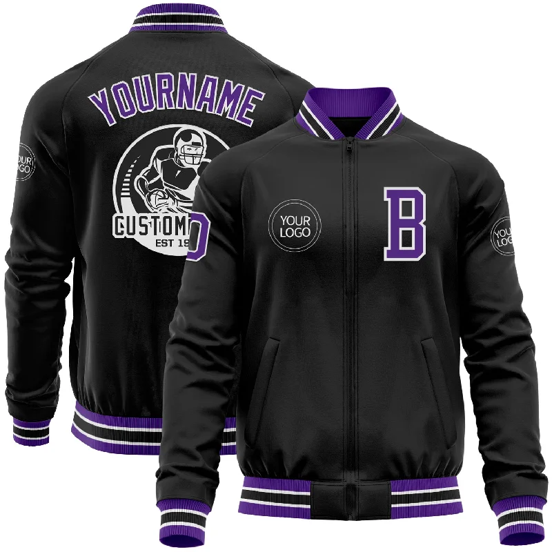 Minimalist Unisex Wardrobe Must-Haves Shop The Hottest Deals Custom Black Purple-White Bomber Varsity Letterman Zipper Jacket