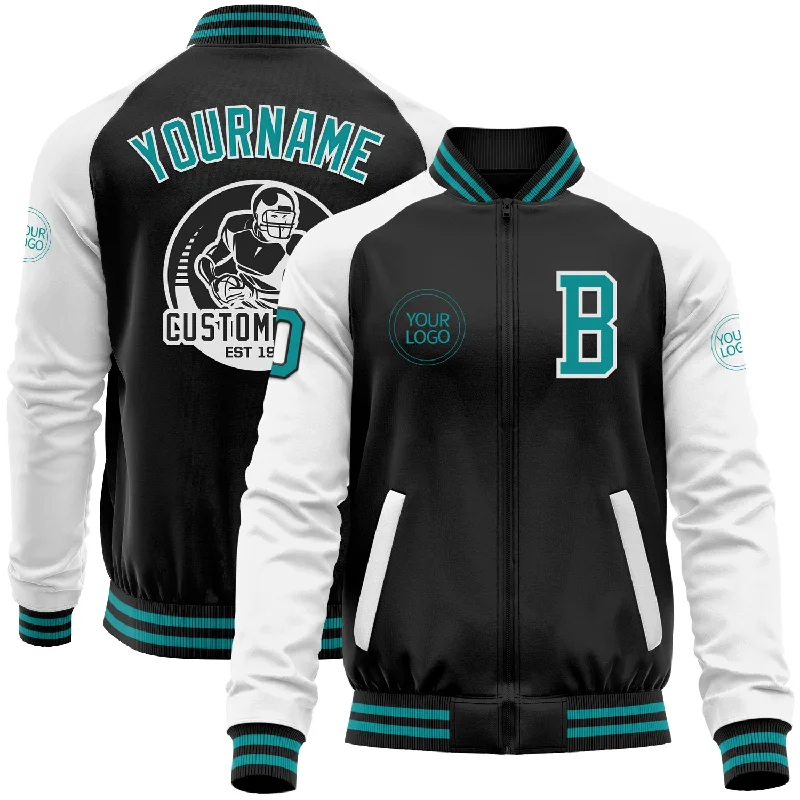 Effortless And Modern Unisex Dressing Affordable Luxury Fashion Custom Black Teal-White Bomber Varsity Letterman Two Tone Zipper Jacket