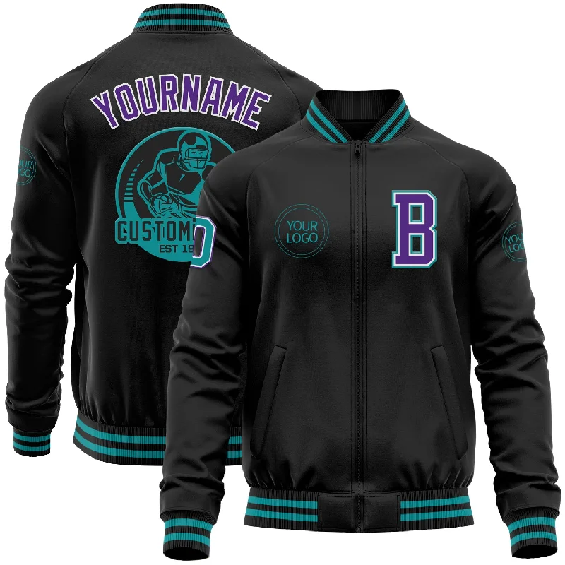 Unisex Casual Wear For All Seasons Valentine's Special Custom Black Teal-Purple Bomber Varsity Letterman Zipper Jacket