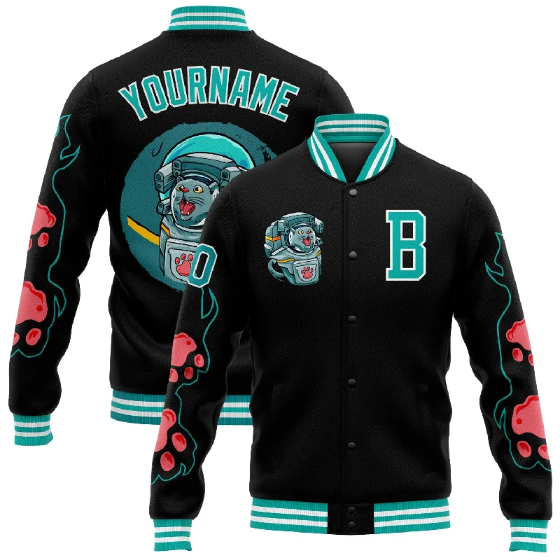 Breathable And Lightweight Unisex Wear Bold Style Discounts Custom Black Aqua-White Seated Cat 3D Pattern Design Bomber Full-Snap Varsity Letterman Jacket