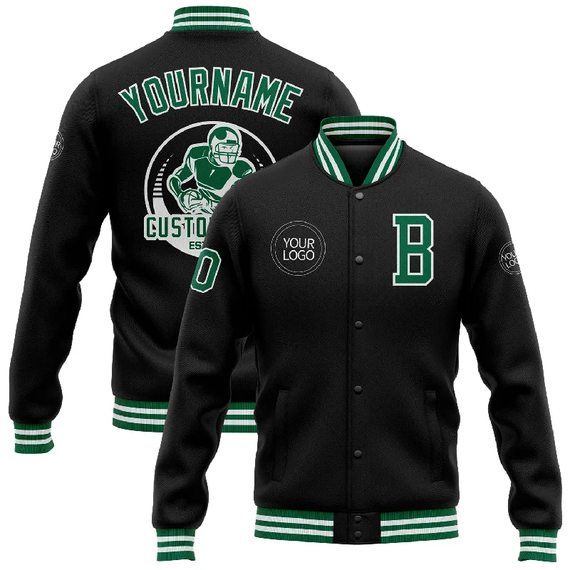 Casual And Trendy Unisex Fashion Staples Low Price Special Custom Black Kelly Green-White Bomber Full-Snap Varsity Letterman Jacket