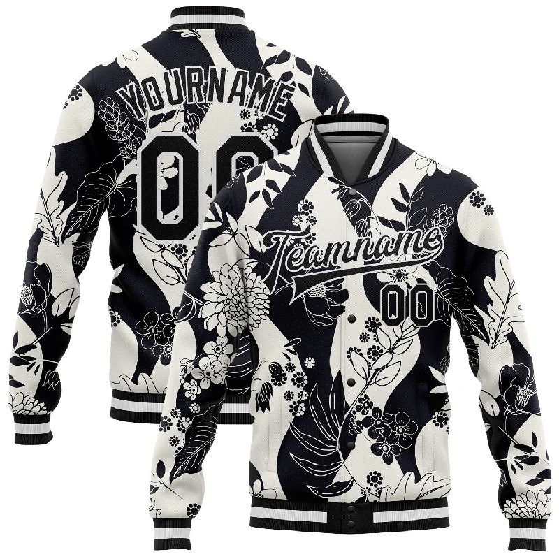 Fashion-Forward Gender-Neutral Outfit Ideas Casual Chic Custom Black White Floral Wave 3D Pattern Design Bomber Full-Snap Varsity Letterman Jacket