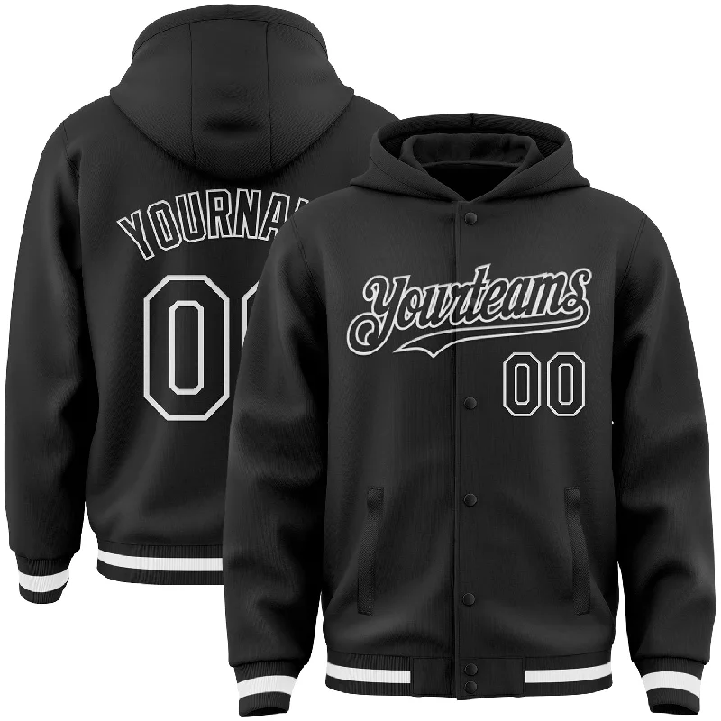 Versatile Clothing For All Genders Timeless Elegance Redefined Custom Black White Bomber Full-Snap Varsity Letterman Hoodie Jacket