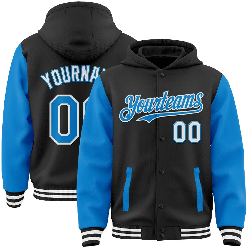 Relaxed-Fit Unisex Fashion For All-Day Comfort Seasonal Clearance Custom Black Powder Blue-White Bomber Full-Snap Varsity Letterman Two Tone Hoodie Jacket