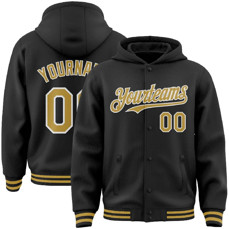 Sustainable And Ethical Unisex Clothing Exclusive Discount Custom Black Old Gold-White Bomber Full-Snap Varsity Letterman Hoodie Jacket