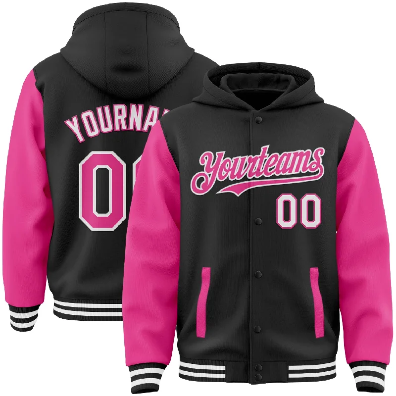 All-Season Unisex Clothing Collection Chic & Cozy Collection Custom Black Pink-White Bomber Full-Snap Varsity Letterman Two Tone Hoodie Jacket