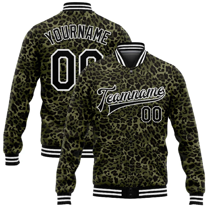 Soft And Breathable Unisex Loungewear New Season Fashion Preview Custom Camo Black-White Leopard Print 3D Pattern Design Bomber Full-Snap Varsity Letterman Salute To Service Jacket