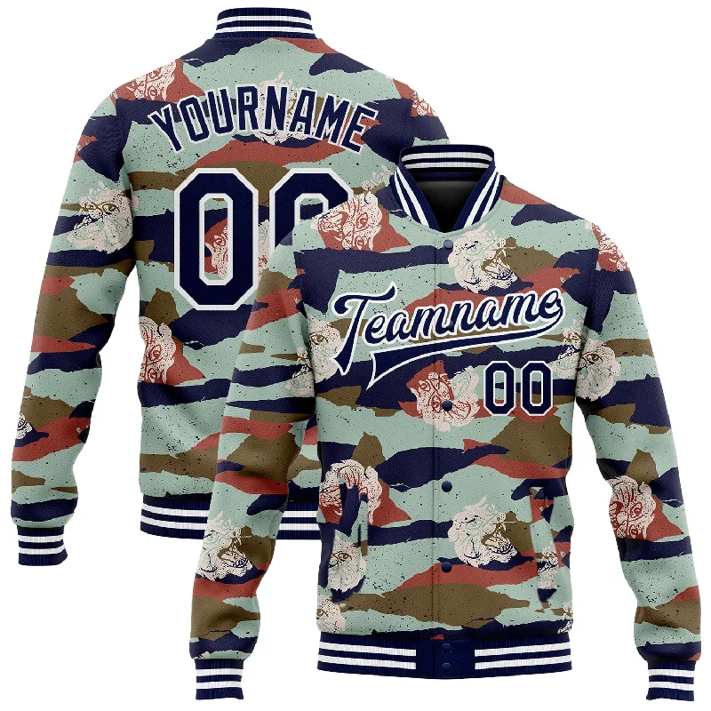 Functional And Stylish Unisex Outerwear Sustainable Fashion Extravaganza Custom Camo Navy-White Tiger 3D Pattern Design Bomber Full-Snap Varsity Letterman Salute To Service Jacket