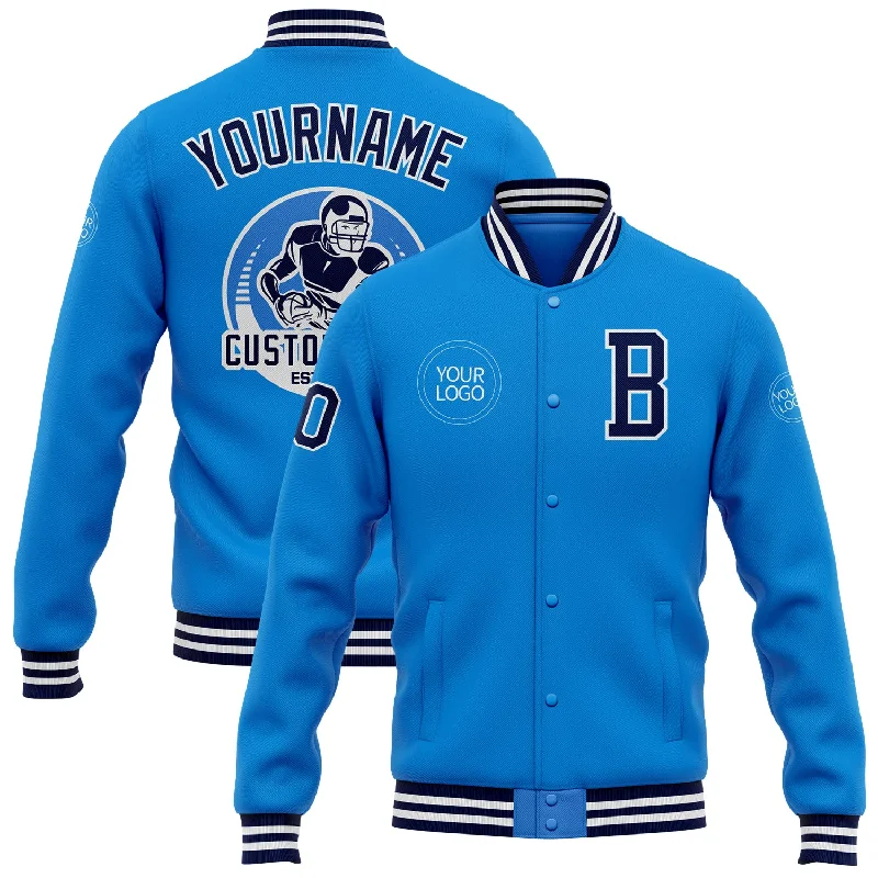 Modern Unisex Wardrobe Staples Daring Fashion Promotions Custom Powder Blue Navy-White Bomber Full-Snap Varsity Letterman Jacket