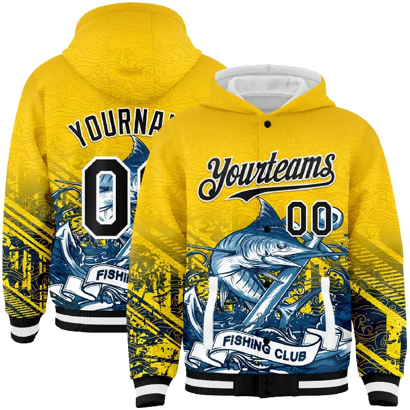 Soft And Breathable Unisex Loungewear Chic Style, Always In Vogue Custom Gold Black-White Marlin Fish Fishing 3D Bomber Full-Snap Varsity Letterman Hoodie Jacket