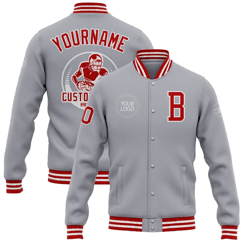 Sleek And Comfortable Unisex Wear Classic Modern Offers Custom Gray Red-White Bomber Full-Snap Varsity Letterman Jacket