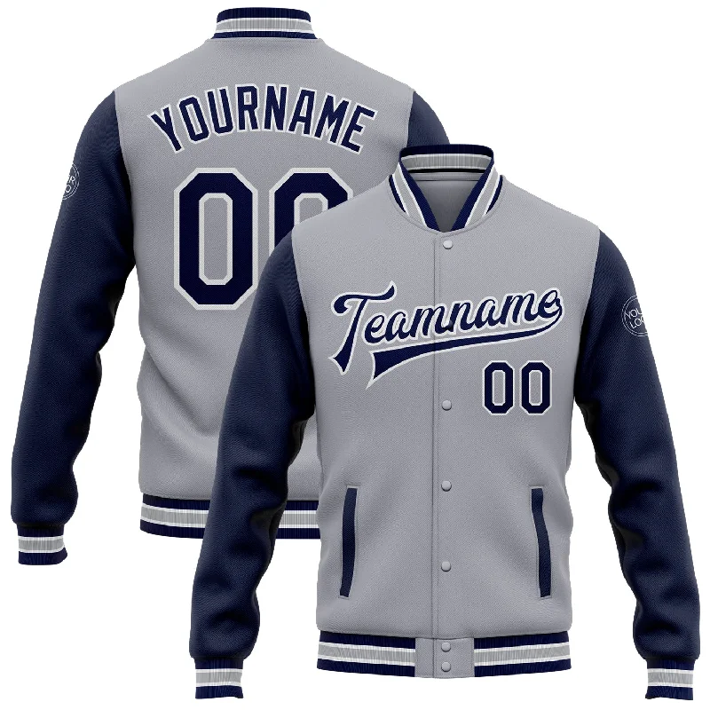 High-Quality Unisex Fashion Basics You'Ll Love Us Because Custom Gray Navy-White Bomber Full-Snap Varsity Letterman Two Tone Jacket