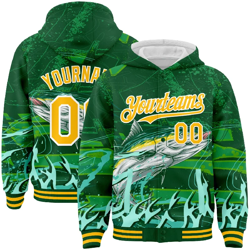 Comfortable Gender-Free Fashion Choices Forward Trendsetter Custom Green Gold-White Tuna Fish Fishing 3D Bomber Full-Snap Varsity Letterman Hoodie Jacket